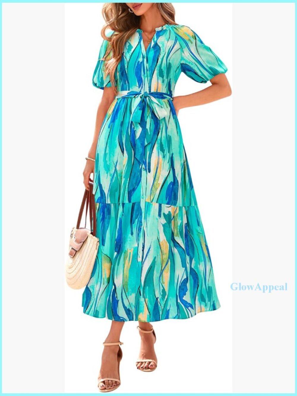 Maxi Dress with V-Neck, Puff Sleeves, Self-Tie Belt, Pockets
